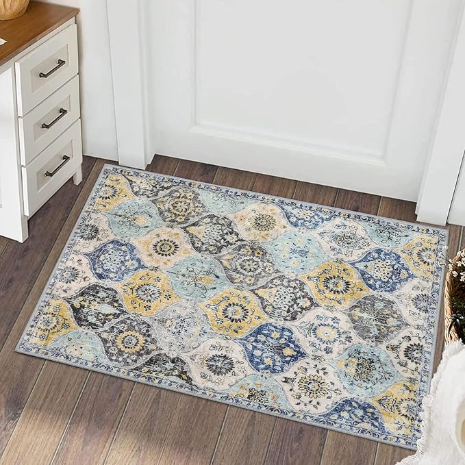 Lahome Moroccan Trellis Kitchen Rugs Non Slip Washable, 2x3 Rugs for Entryway Bathroom, Non-Slip Indoor Door Mat Ultra-Thin, Small Oriental Throw Carpet for Bedroom Entry, Yellow/Aqua