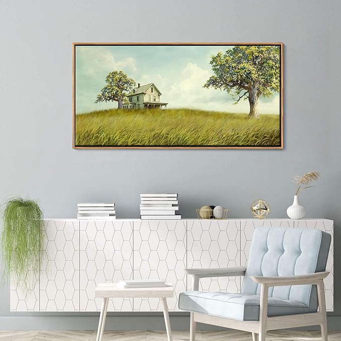 YCPRIMER Canvas Wall Art - Village Landscape Decor Retro Farmhouse Picture Yellow Tree Painting Framed Artwork for Dinning Room,Living Room,Kitchen Decoration Size 24×48Inch