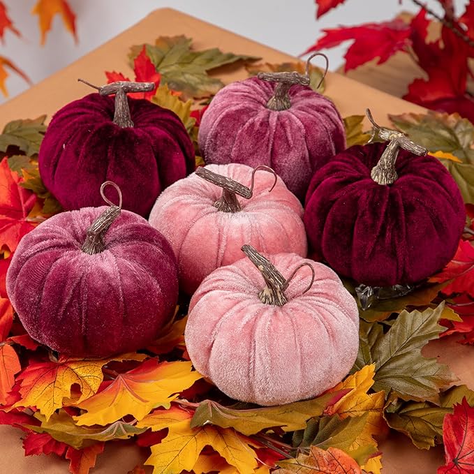 Briful Fall Pumpkins Decoration for Home, 6PCS Velvet Fake Pumpkin Decor for Autumn Harvest Thanksgiving Halloween Party Baby Shower Table Centerpiece Mantel Decoration(4 Inch, Purple/Burgundy/Pink)