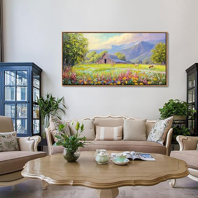 AJAZIKO Rustic Mountain Wall Art - Farmhouse Landscape Wall Decor with Highland Cow & Floral Art - Nature & Country Artwork for Living Room, Bedroom & Walls - Framed Flower Pictures for Home 20x40IN