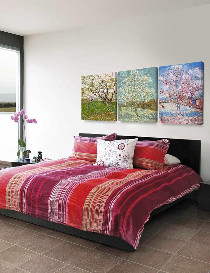 DECORARTS - Triptych (Orchard in Blossom, The pink peach tree, Peach Trees in Blossom), Vincent Van Gogh Art Reproduction. Giclee Canvas Prints Wall Art for Home Decor 24x30, 3pcs/set