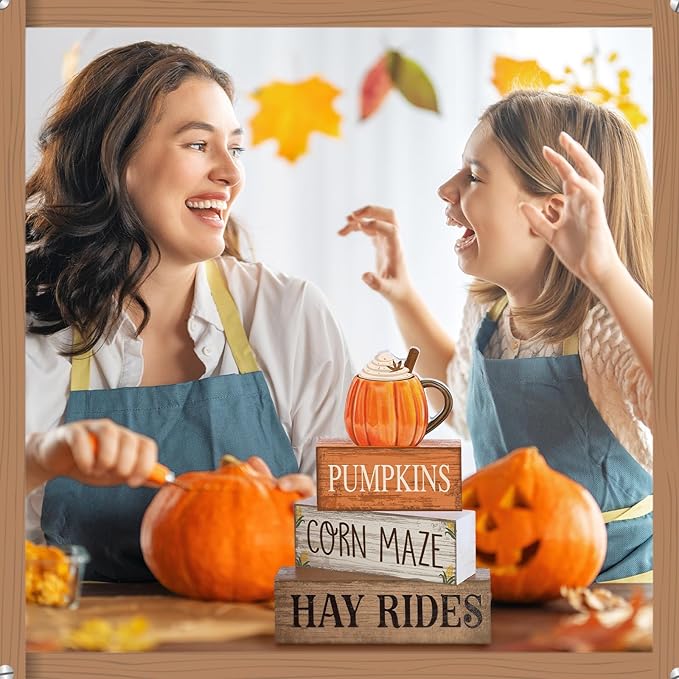 4 Pcs Fall Decorations for Home Fall Cream Cups Table Decor Thanksgiving Tiered Tray Decor Thanksgiving Centerpiece Rustic Cream Cups Block Sign Autumn Decorations for Home Kitchen Shelf