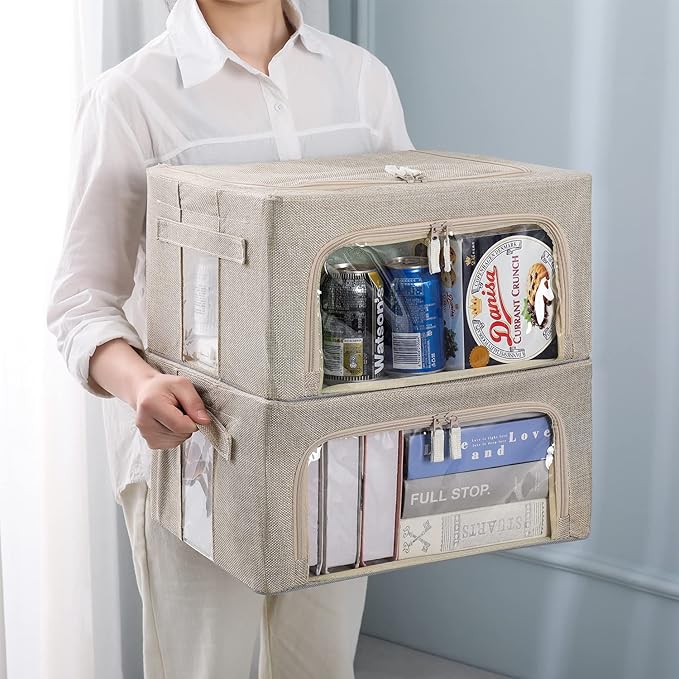 3Pack Foldable Storage Bins - Frame Storage Box Linen Fabric Stackable Clothes Container Organizer with Clear Window & Carry Handles Large Capacity (Small-22L, Beige)