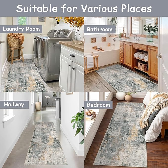 Lahome Modern Abstract Runner Rug - 2x7 Gray Soft Long Hallway Rug Runner Kitchen Mat, Non-Slip Machine Washable Indoor Throw Carpet Runner for Living Room Bathroom Sink Bedroom Entryway Sunroom