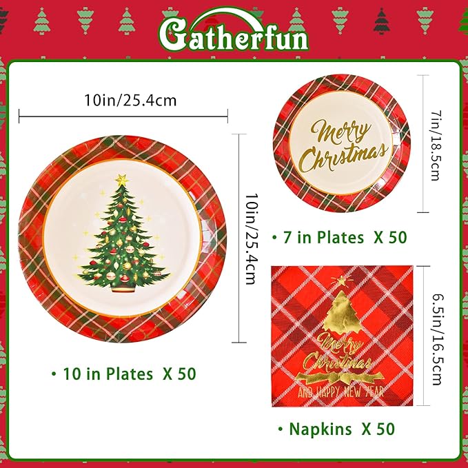 Gatherfun Christmas Party Supplies Christmas Tree Red Plaid Disposable Paper Dinner Plates Dessert Plates and Napkins for Party decorations, Serve 50