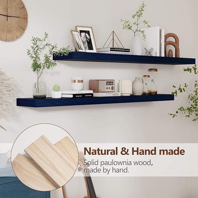Dark Blue Floating Shelves 48 Inch, Solid Wooden Wall Shelves Set of 2, Rustic Floating Wall Shelves for Decor & Storage for Living Room Bedroom Bathroom