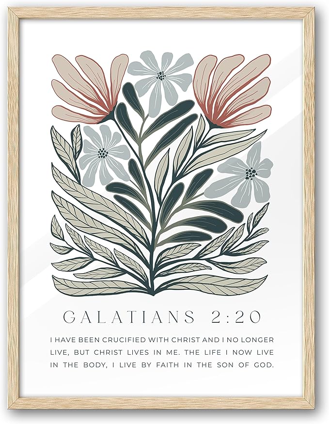 EcoHest Bible Verse Floral Framed Wall Art, 12x16 in OAK Wood Boho Abstract Flowers Canvas Wall Art, Galatians 2:20 Home Decor, Beige Logs Boho Christian Set of 1 for Bedroom Living Room