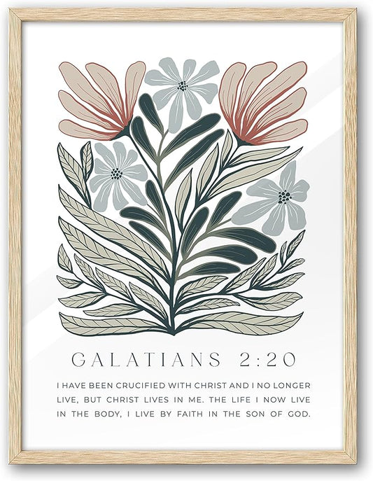 EcoHest Bible Verse Floral Framed Wall Art, Large 16x20 in OAK Wood Boho Abstract Flowers Canvas Wall Art, Galatians 2:20 Home Decor, Beige Logs Boho Christian Set of 1 for Bedroom Living Room
