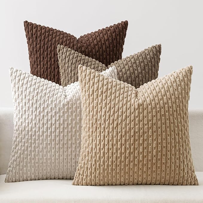 MIULEE Throw Pillow Covers Soft Couch Decorative Set of 4 Boho Striped Cushion Covers Corduroy Pillowcases Farmhouse Accent Home Decor for Fall Couch Bed Sofa Living Room 18x18 Inch Brown
