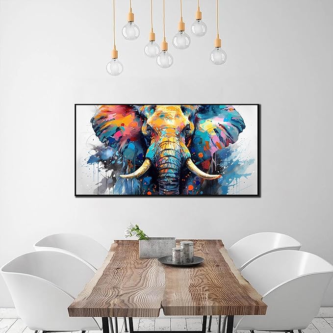 ZHAOSHOP Elephant Wall Art for Living Room - Blue Canvas Wall Art for Office - Teen Bedroom Decor Boys with Black Framed Size 24" x 48"