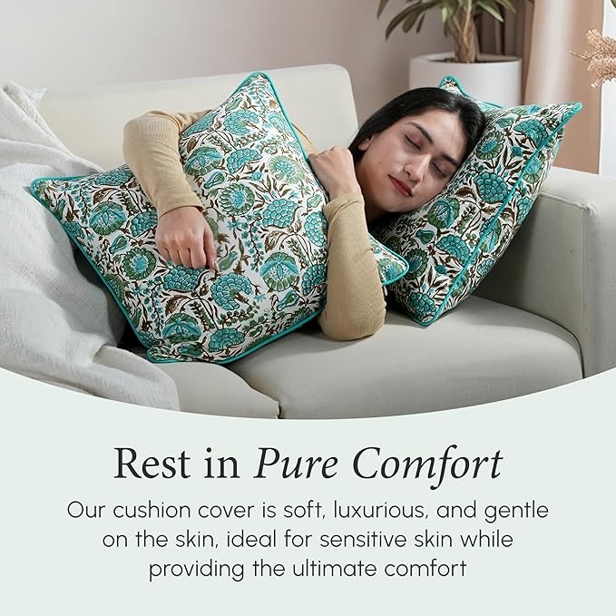 CPC Aqua Green Floral Printed Throw Square Cushion Covers - 18x18 Inch 100% Cotton Washable Decorative Couch Pillows Covers for Living Room Bed Sofa and Outdoors Spring, Easter, Valentines Gift