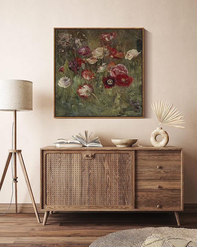 InSimSea Square Framed Canvas Wall Art, Large Decor A Bed of Poppies Paintings, Classical Floral Wall Pictures for Bedroom Bathroom Living Room, Canvas Prints Vintage Home Decor 24"x24"
