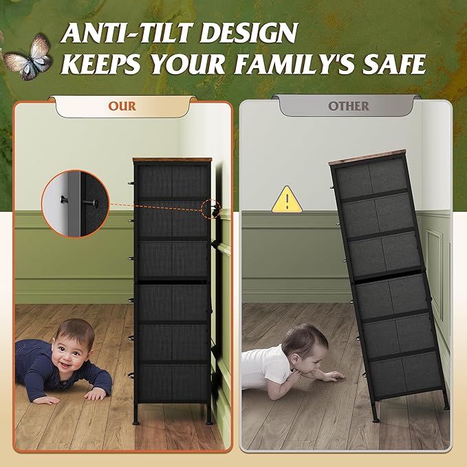 WLIVE Tall Dresser for Bedroom, 6 Drawer Dressers & Chests of Drawers, Fabric Dresser for Closet, Night Stand with Metal Frame, Storage Tower with Fabric Bins, Wood Top, Rustic Brown Wood Grain Print