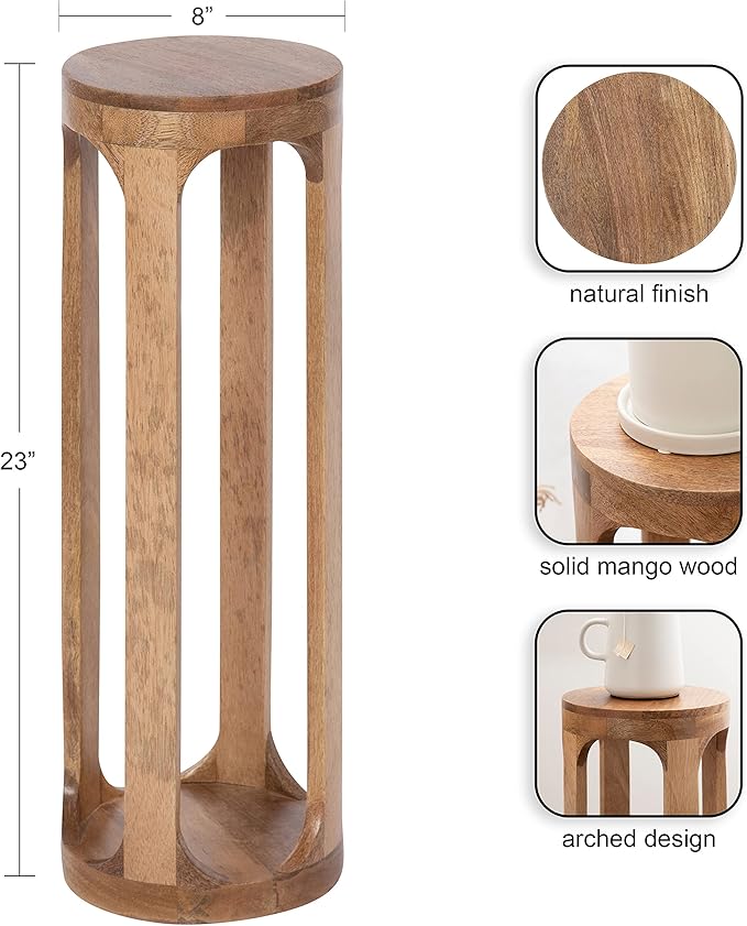 Kate and Laurel Dahl Wooden Round Drink Table; 8 x 23; Natural Brown; Transitional Boho Circle Wood Accent Pedestal Table for Living Room Plant Stand or Small Bedroom Nightstand