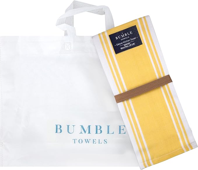 Premium Large Kitchen Hand Towels (20"x 28", 6 Pack) | Cotton Flat & Terry Towels | Highly Absorbent Tea Towels Set With Hanging Loop | Wide Stripe Yellow