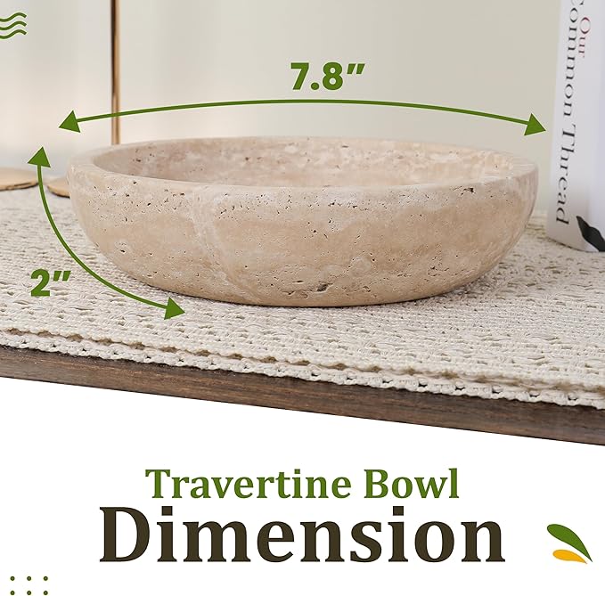 Travertine Decorative Bowl - 7.8” Diameter & 2” Height - Key Bowl for Entryway Table - Travertine - Organic Modern Centerpiece - Beige/Natural
