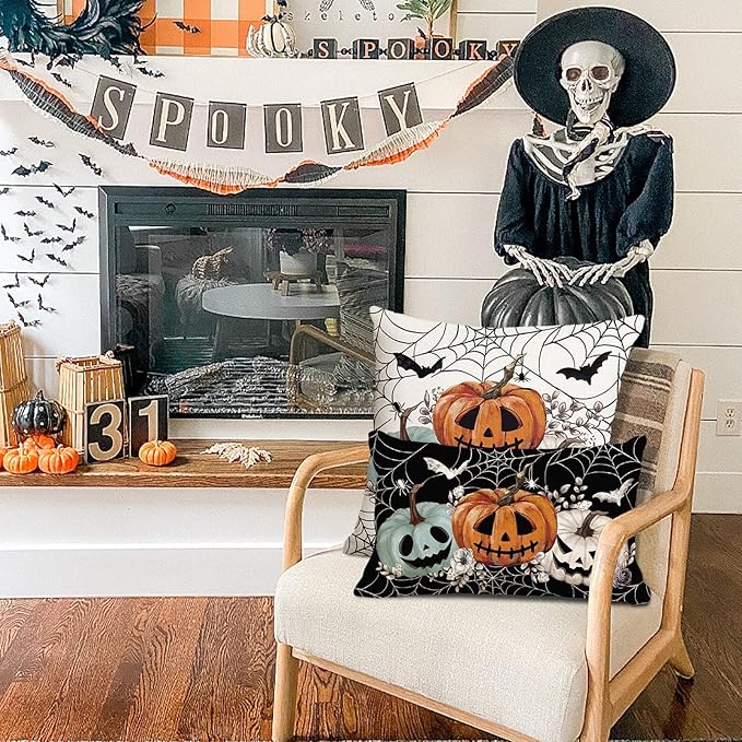 Baccessor Halloween Pillow Cover 12x20 Inch, Black Pumpkins Bats Spider Web Lumbar Pillow Case Halloween Decor for Cushion Sofa Couch Indoor Outdoor Decoration 1 Piece