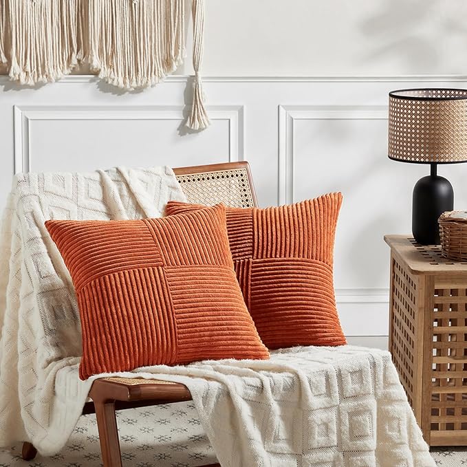 Fancy Homi Set of 4 Burnt Orange Decorative Throw Pillow Covers 18x18 Inch for Living Room Couch Bed, Boho Farmhouse Fall Home Decor, Soft Textured Corduroy Cross Patchwork Cushion Case 45x45 cm