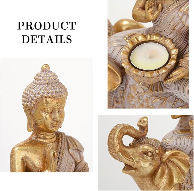 Buddha Statue for Home Decor Gold Candle Holder 11.5”-Elephant Buddha Statues for Zen Decor - Spiritual Buddha Decor for Living Room-Buda–Budda–Buddha Gift for Relaxation, Meditation or Shrine