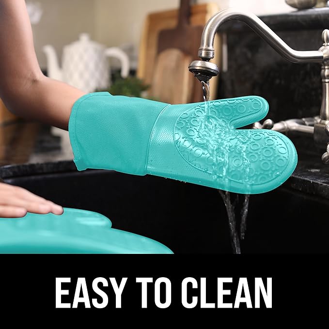 BPA-Free Soft Silicone Oven Mitts - Ultra Heat Resistant Oven Mitts with Thick Cotton Liner - Long Slip Resistant Pot Holders, Flexible Oven Gloves - Turquoise 13.7"