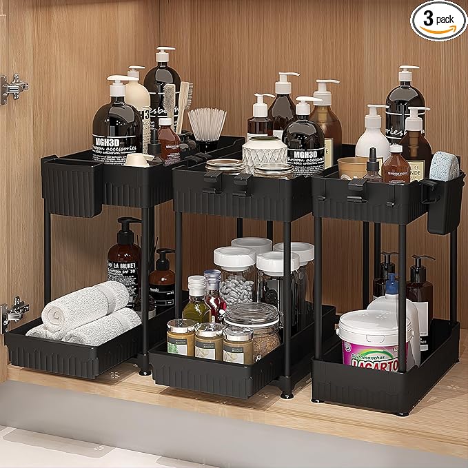3 Pack Under Sink Organizers, 2-Tier Multi-Use Kitchen and Bathroom Organizers and Storage with Sliding Drawers，Bathroom Cabinet Organizer (Black, 12.8 Inch)
