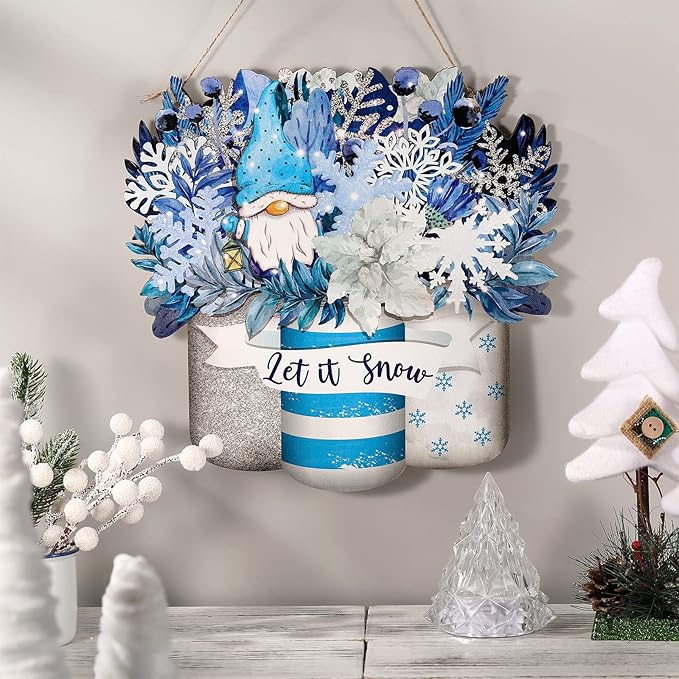 Spiareal Winter Welcome Sign Wood Blue Mason Jar Front Door Decor Winter Wooden Hanging Wreath Outdoor Front Door Decorations for Farmhouse Porch Decoration (Blue Mason Jar Style)