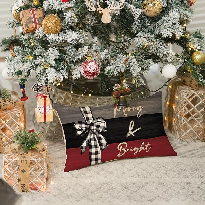 AVOIN colorlife Merry Christmas Joy Xmas Trees Red Throw Pillow Covers, 12 x 20 Inch Christmas Winter Holiday Cushion Case Decoration for Sofa Couch Set of 4