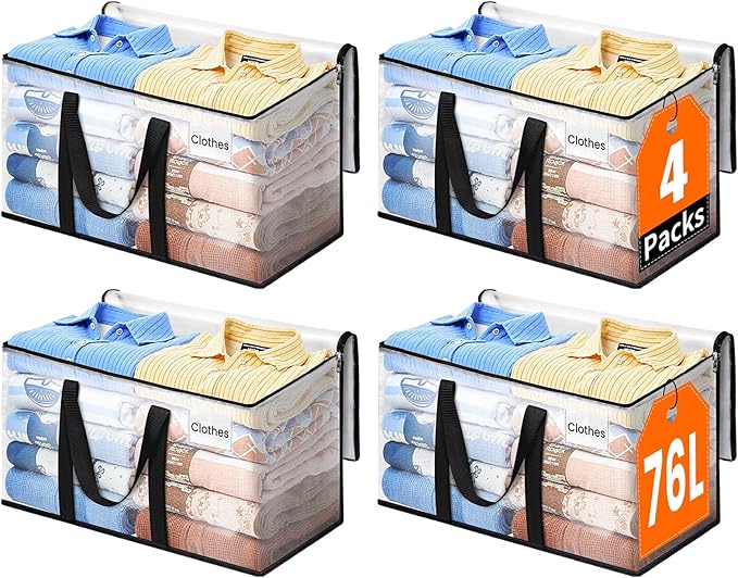 Extra Large Heavy Duty Moving Bags, Storage Bags with Strong Zippers & Handles, Packing Bags for Moving Essentials, Ideal Storage Tote for Home, Dorm & Storage Solutions, 76L, 4 Packs, Clear