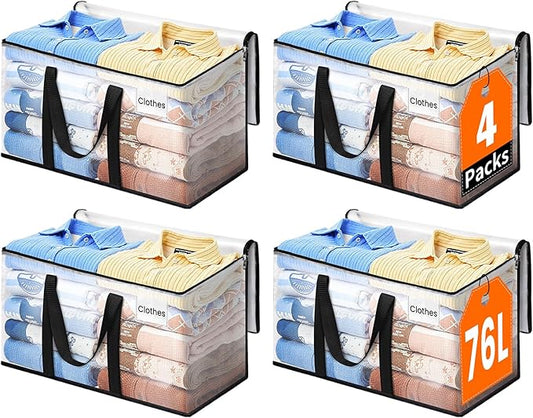 Extra Large Heavy Duty Moving Bags, Storage Bags with Strong Zippers & Handles, Packing Bags for Moving Essentials, Ideal Storage Tote for Home, Dorm & Storage Solutions, 76L, 4 Packs, Clear