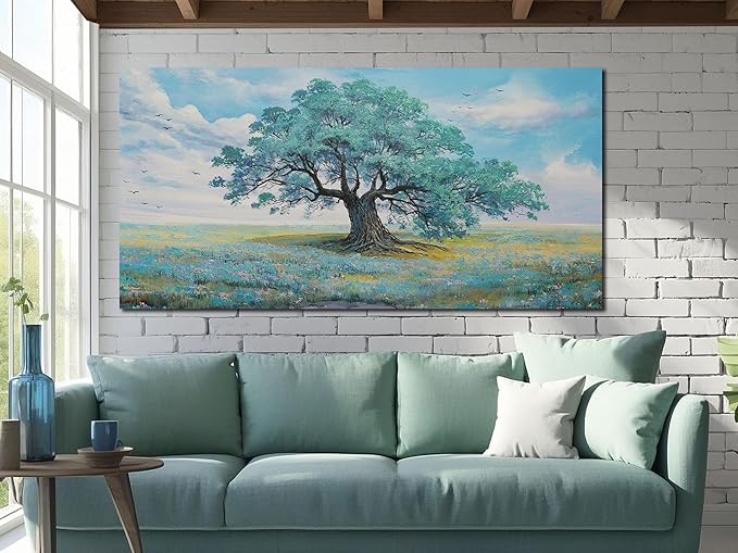 Ardemy Landscape Wall Art Canvas for Living Room Green Teal Tree Scenery Painting Bedroom Nature Picture Artwork Framed Dining Room Kitchen Home Office Wall Decor, Large 48"x24"