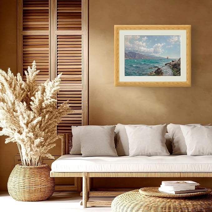 Brivoria Framed Canvas Wall Art Vintage Decor, Coastal Landscape with Sailing Boats Mountain Cliffs Blue Ocean and Sunlit Sky Canvas Print with Mat for Living Room Statement Wall Display 16"x20"