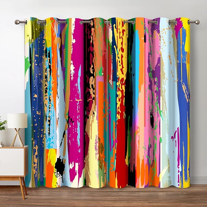 Jekeno Abstract Blackout Curtains Colorful Rainbow Design Multicolored Tainted Pattern Home Bedroom Living Room Hippie Decor Grommet Window Drapes 2 Panel Set, 42"x84"