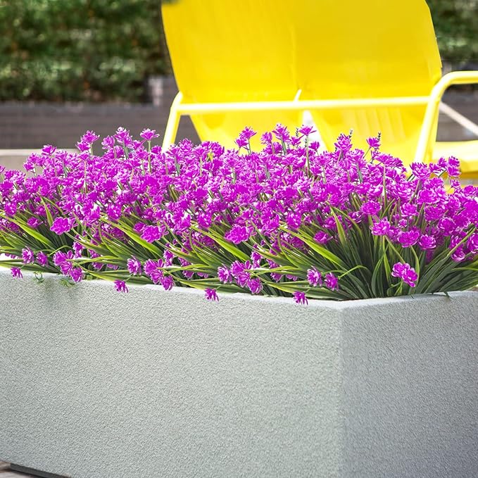 Artificial Fake Flowers, 12 Bundles Outdoor UV Resistant Greenery Shrubs Plants Indoor Outside Hanging Planter Home Garden Décor (Purple)