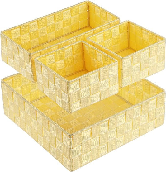 Posprica Woven Storage Baskets for Organizing, Small Black Baskets Cube Bin Container Tote Organizer Divider for Drawer, Closet, Shelf, Dresser, Set of 4(Yellow)