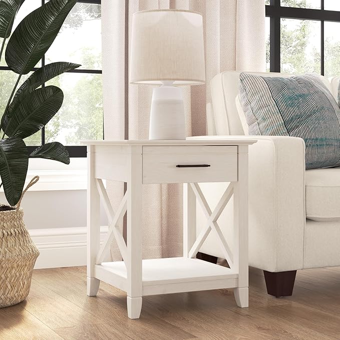 Bush Furniture Key West Small End Table with Storage | Modern Farmhouse Accent Shelf for Living Room in Linen White Oak