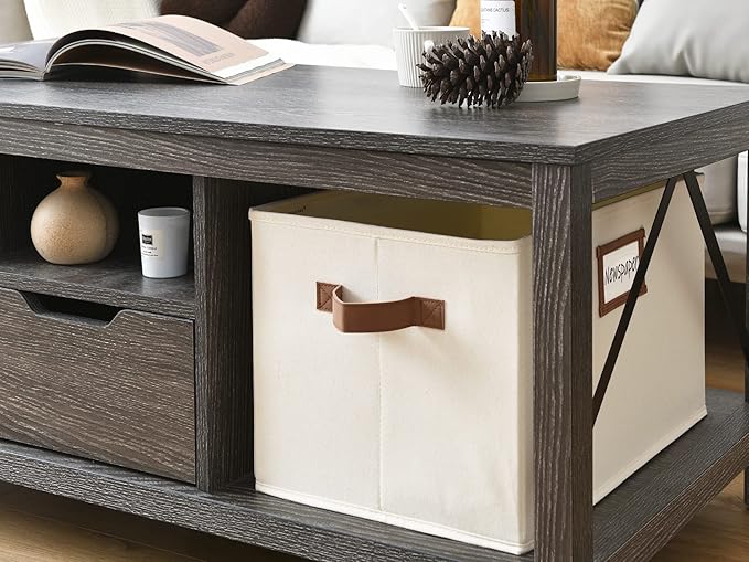 StorageWorks Storage Baskets for Shelves, Foldable Fabric Closet Storage Bins with PU Handles, Fabric Storage Bins Clothes Organizer, Ivory White, 3-Pack, Extra Large