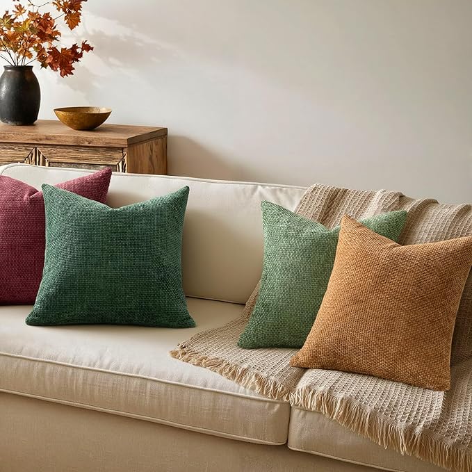 MIULEE Christmas Pack of 4 Couch Throw Pillow Covers 18x18 Inch Christmas Dark Green Soft Decorative Chenille Pillow Covers Farmhouse Accent Cushion Cover for Boho Home Decor Sofa Bedroom Living Room