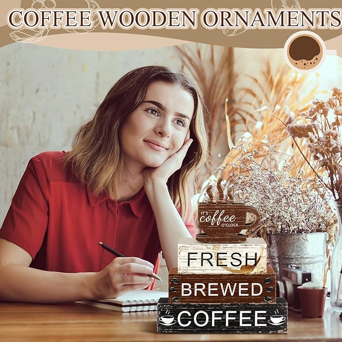Geelin 4 Pcs Coffee Bar Decor Wood Blocks Mini Coffee Bar Wooden Signs Book Stacks Accessories Rustic Table Sign Farmhouse Tiered Tray Decor for Home Table