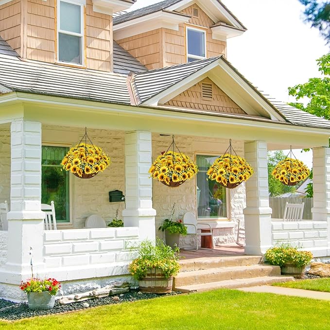 Artificial Hanging Flowers Basket, Fake Plants, Faux Silk Sunflower, for Spring Summer Outdoor Decoration, UV Resistant, Coconut Planter, Look Real for Patio Garden Yard Decor