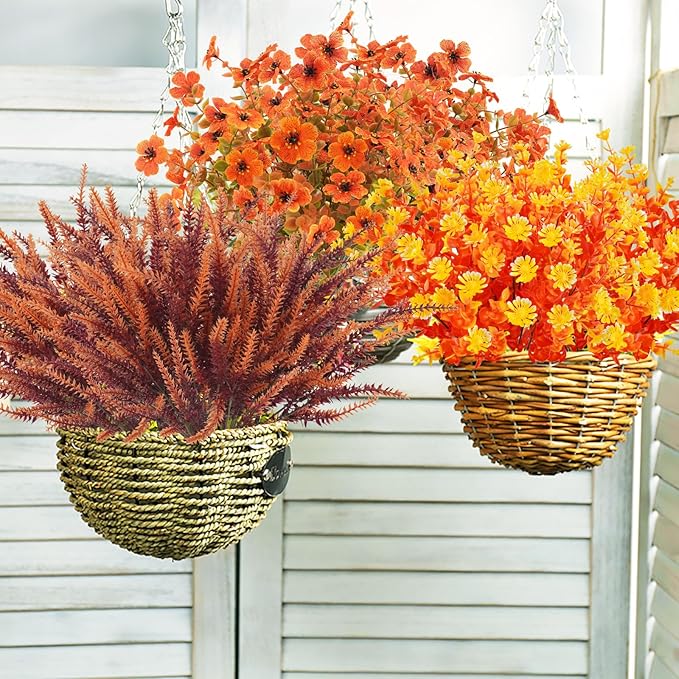 16PCS Artificial Fall Flowers Outdoor Faux Autumn Lavender Plants UV Resistant Fake Greenery Shrubs Fall Decorations for Thanksgiving Harvest Wedding Porch Window Box