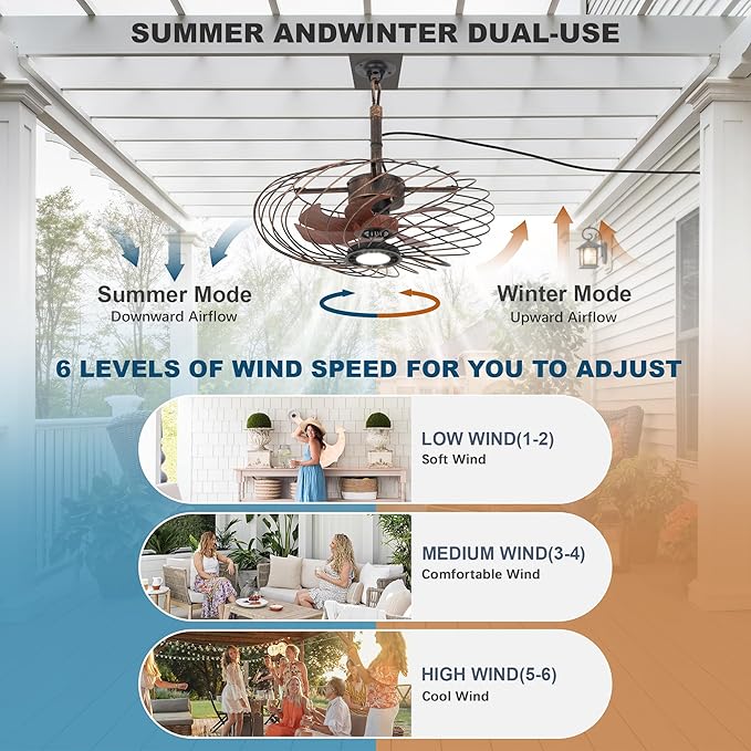 20" Outdoor Ceiling Fan with Light, Waterproof Gazebo Fan Remote Control, Dimmable LED Light, Hanging Black Caged Ceiling Fixtures with Plug in Cord for Patios Pergola, Black Gold