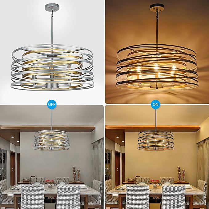 23.6'' Large Vintage Round Chandelier, 6-Light Modern Farmhouse Lantern Chandelier, Antique Double Drum Chandelier for Dining Room Entryway Kitchen Island Foyer, Silver with Gold Interior
