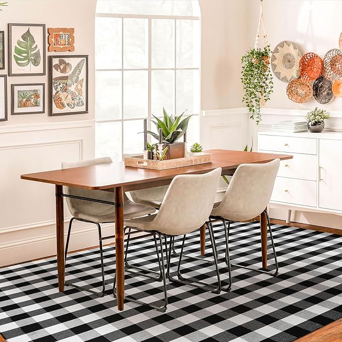 KOZYFLY Buffalo Plaid Area Rug 8 x 10 Ft Black and White Checkered Rug Washable Outdoor Patio Rugs Cotton Rugs for Living Room Carpet for Dining Room Bedroom Farmhouse Rug