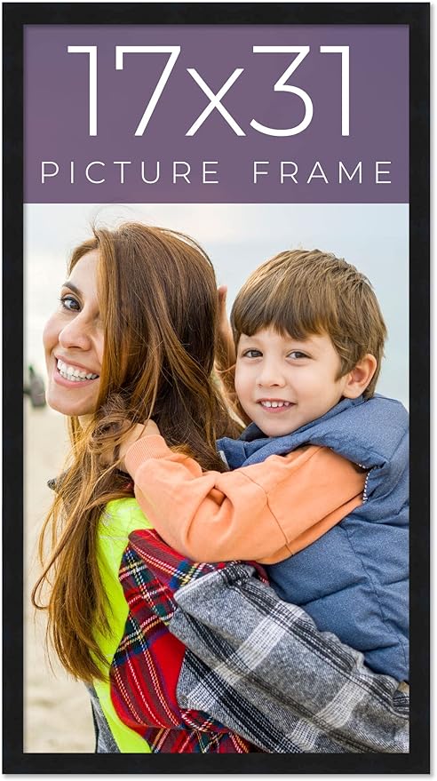 17x31 Frame Black Real Wood Picture Frame Width 0.75 Inches | Interior Frame Depth 0.5 Inches | Noir Classique Mid Century Photo Frame Complete with UV Acrylic, Foam Board Backing & Hanging Hardware