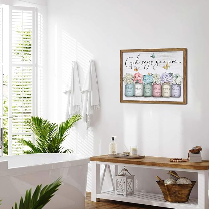 Wood Framed Inspirational Bible Verse Wall Art, Christian God Says You Are Wall Decor Paintings, Farmhouse Scripture Mason Jar Flower Pictures Posters Prints for Bathroom Bedroom Home Decor 12x16 Inch