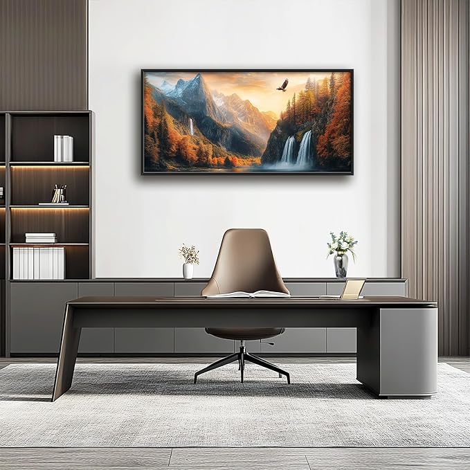 Large Mountain Waterfall Wall Art for Living Room, Forest Tree Canvas Wall Decor, Sunset Eagle Pictures Framed Painting, Natural Landscape Artwork for Bedroom Office 60L'' × 30W''