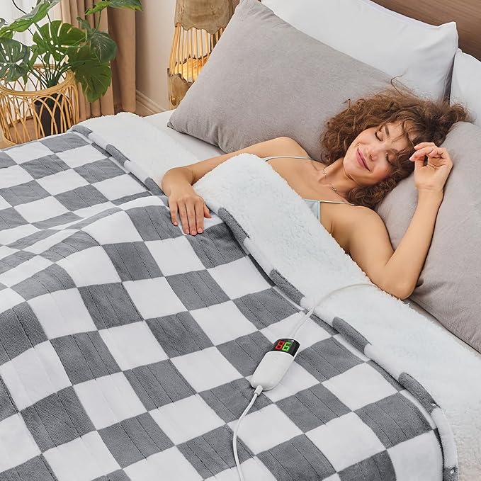 Heated Electric Blanketc Throw, 50X60 Heating Blanket with 10 Heat Level & 8 Hour Auto Off for Lap, Light Gray Checkered Plaid Sherpa Blankets Warmer Gift for Couch Grandma Women Adults Washable, ETL