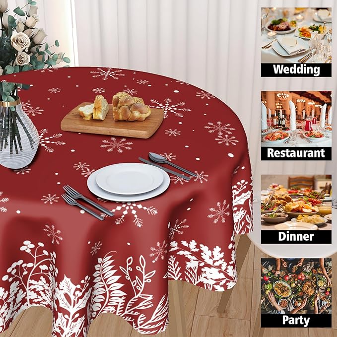 Merry Christmas Tablecloth 60 Inch Round Red Christmas Floral Table Cloth Round Cover Christmas Snowflake Snowy Xmas Table Cloth Winter Farmhouse Decorative for Holiday Home Kitchen Dining Party