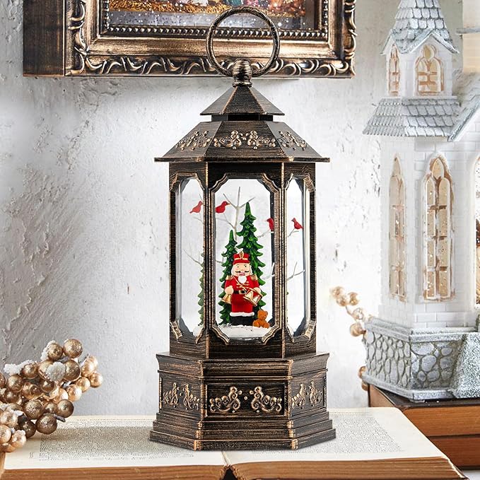 Christmas Snow Globe Nutcracker Lantern, Glitter Lighted Nutcracker & Bear with Music & Timer Water Lantern for Home Decoration and Gift, Battery Operated or USB Powered