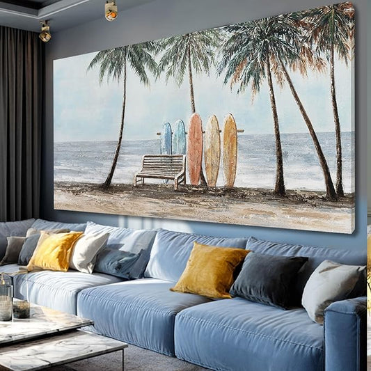 GAIDUOMAI Scenery Canvas Wall Decor Seaside Art Coconut Palm Picture for Bedroom Colorful Surfboard Poster for Dining Room Hallway Decor 29"x58"